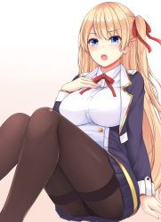 Rule 34 | 1girl, :o, azur lane, black pantyhose, blonde hair, blue eyes, blue skirt, bow, bowtie, breasts, furrowed brow, gradient background, hair bow, hand on own chest, highres, large breasts, long hair, looking at viewer, open mouth, pantyhose, pink background, red bow, side ponytail, simple background, sitting, skirt, sogaya, solo, sussex (azur lane), thighband pantyhose, thighs, white background