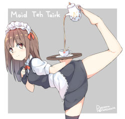 Rule 34 | 1girl, barefoot, brown hair, chinese commentary, commentary request, cup, decantering, english text, engrish text, hatsunatsu, holding with feet, maid, maid headdress, medium hair, mixed-language text, original, outside border, partial commentary, patreon username, pouring, ranguage, simple background, single thighhigh, solo, standing, standing on one leg, tea, teacup, thighhighs, tray, unworn thighhighs, yellow eyes