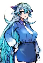 Rule 34 | 1girl, animal ears, blue dragon (kemono friends), blue eyes, blue hair, blue shirt, blue skirt, dragon girl, dragon tail, extra ears, ise (0425), kemono friends, long hair, looking at viewer, necktie, shirt, simple background, skirt, solo, tail, white necktie