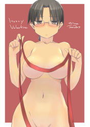 Rule 34 | 1girl, black hair, blush, breasts, brown eyes, glasses, groin, hoshina tomoko, navel, nude, out-of-frame censoring, solo, to heart, to heart (series), tsuina, valentine