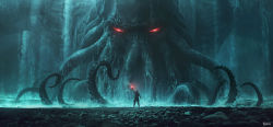 Rule 34 | 1boy, andree wallin, arm up, artist name, cthulhu, cthulhu mythos, eldritch abomination, from behind, giant, glowing, glowing eyes, highres, holding, hood, hood up, hoodie, monster, outdoors, pants, red eyes, size difference, standing, stone, tentacles, water