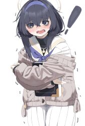 Rule 34 | !, 1girl, bags under eyes, black hair, black shirt, blue archive, blue hairband, blush, book, cardigan, grey cardigan, hairband, halo, highres, holding, holding book, long sleeves, lonklink, looking at viewer, nose blush, notice lines, open mouth, pleated skirt, school uniform, serafuku, shirt, simple background, skirt, solo, surprised, sweat, trembling, ui (blue archive), white background, white serafuku