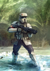 Rule 34 | 1boy, assault visor, beach, black gloves, black pants, boots, edouard groult, galactic empire, gloves, gun, holding, holding gun, holding weapon, male focus, pants, rogue one: a star wars story, shoretrooper, solo, star wars, tree, water, weapon, white footwear