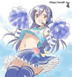 Rule 34 | 1girl, bad id, bad twitter id, blue hair, blue thighhighs, cheerleader, commentary request, elbow gloves, gloves, hair between eyes, headset, highres, jumping, kisaragi mizu, long hair, looking at viewer, love live!, love live! school idol festival, love live! school idol project, midriff, navel, one-hour drawing challenge, open mouth, pom pom (cheerleading), skirt, smile, solo, sonoda umi, star (symbol), striped, takaramonozu, thighhighs, yellow eyes