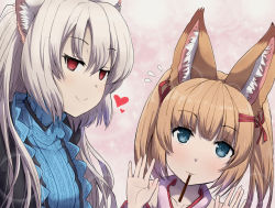 Rule 34 | 2girls, @ @, animal ear fluff, animal ears, bad id, bad pixiv id, black dress, blonde hair, blue eyes, cat ears, closed mouth, crossover, dress, food, fox ears, goth fashion, gothic lolita, hair between eyes, hair ornament, hair ribbon, heart, kemomimi oukoku kokuei housou, lolita fashion, long hair, looking at viewer, mikoko (kemomimi oukoku kokuei housou), multiple girls, natsutarou, nora cat, nora cat channel, pink background, pocky, red eyes, ribbon, silver hair, smile, two side up, upper body, virtual youtuber, waving