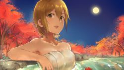 Rule 34 | 1girl, absurdres, autumn leaves, breasts, brown hair, cleavage, full moon, green eyes, hair down, highres, idolmaster, idolmaster cinderella girls, idolmaster cinderella girls starlight stage, kimura natsuki, large breasts, looking at viewer, moon, ms rinmoku, naked towel, night, onsen, open mouth, outdoors, short hair, smile, solo, towel, upper body, wet