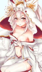 Rule 34 | 1girl, ayanami (azur lane), ayanami (demon&#039;s finest dress) (azur lane), azur lane, bare shoulders, blush, bow, breasts, brown eyes, carrot (robosquat), collarbone, commentary request, hair between eyes, headgear, highres, hood, hood up, japanese clothes, kimono, long hair, looking at viewer, medium breasts, navel, nipples, off shoulder, one breast out, parted lips, short kimono, silver hair, sitting, solo, thighhighs, uchikake, wedding kimono, white bow, white kimono, white thighhighs