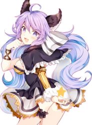 Rule 34 | 1girl, ahoge, aki itoguchi, animal ears, breasts, fang, granblue fantasy, hair between eyes, hair ribbon, long hair, looking at viewer, looking back, low twintails, medium breasts, open mouth, purple eyes, purple hair, ribbon, satyr (granblue fantasy), simple background, solo, star (symbol), twintails, white background