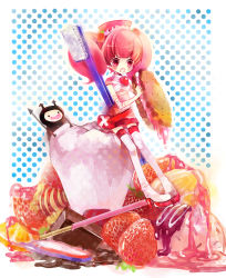 Rule 34 | 1girl, bad id, bad pixiv id, boots, chocolate, cookie, eating, food, food-themed clothes, fruit, hat, heart, high heel boots, high heels, in food, milk (pop&#039;n music), mini person, minigirl, orange (fruit), pink hair, pop&#039;n music, shimeko, shimeshime, shoes, strawberry, teeth, thighhighs, toothbrush, twintails