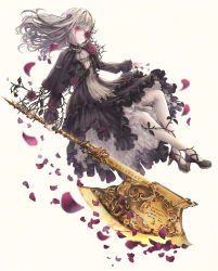 Rule 34 | 1girl, axe, black capelet, black dress, black footwear, brown background, capelet, closed mouth, commentary request, dress, english text, eye trail, floating hair, flower, flower over eye, gothic lolita, grey hair, high heels, highres, holding, holding axe, light trail, lolita fashion, long hair, long sleeves, missile228, original, pantyhose, petals, puffy long sleeves, puffy sleeves, purple eyes, purple flower, purple rose, rose, rose petals, shoes, simple background, sleeves past wrists, solo, white pantyhose