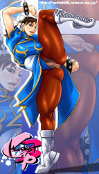 Rule 34 | 1girl, bracelet, breasts, brown eyes, brown hair, capcom, censored, china dress, chinese clothes, chun-li, double bun, dress, earrings, female pubic hair, hardest cap3, highres, huge breasts, jewelry, kechin (oreteki18kin), pantyhose, pubic hair, pussy, solo, spiked bracelet, spikes, street fighter