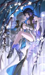 Rule 34 | 2girls, absurdres, ahoge, bare shoulders, black gloves, blush, bronya rand, closed mouth, detached sleeves, dress, drill hair, earrings, elbow gloves, gloves, grey eyes, grey hair, hair between eyes, highres, honkai: star rail, honkai (series), imminent kiss, jewelry, long hair, looking at another, mie xing, multiple girls, purple hair, seele (honkai: star rail), simple background, white dress, yuri