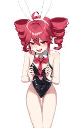 1girl absurdres ahoge animal_ears bare_shoulders breasts cuffs drill_hair handcuffs highres hu2924 kasane_teto leotard medium_hair necktie nervous_smile nervous_sweating playboy_bunny rabbit_ears rabbit_hole_(vocaloid) red_eyes red_hair red_necktie small_breasts smile spaghetti_strap sweat thighs twin_drills utau