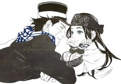 Rule 34 | 1boy, 1girl, ainu, ainu clothes, asirpa, bandana, black coat, black hair, black headwear, blue eyes, blue scarf, brown eyes, closed mouth, coat, commentary, couple, ear piercing, earrings, eye contact, eyebrows, face-to-face, facial scar, golden kamuy, greyscale, hat, headband, hetero, hoop earrings, imperial japanese army, jewelry, kepi, long hair, long sleeves, looking at another, lying, military, military hat, military uniform, monochrome, on stomach, parted lips, piercing, scar, scar on cheek, scar on face, scar on nose, scarf, short hair, simple background, smile, spiked hair, spot color, sugimoto saichi, uniform, upper body, w55674570w, white background, wide sleeves