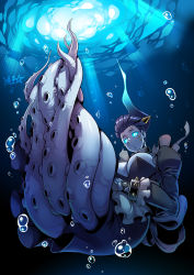 Rule 34 | 1girl, air bubble, breasts, bubble, collar, colored skin, commentary request, doll joints, glowing, glowing eyes, highres, joints, large breasts, light rays, looking at viewer, maid, metal collar, monster girl, original, ryuusei (mark ii), scar, scylla, signature, solo, stitches, submerged, suction cups, tentacles, textless version, underwater, water