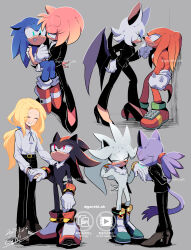 Rule 34 | 4boys, 4girls, amy rose, assertive female, bat girl, blaze the cat, boots, carrying, couple, formal, furry, furry female, furry male, gareki sh, gloves, grey background, hand on another&#039;s chin, high heels, highres, holding hands, kiss, kissing hand, knuckles the echidna, maria robotnik, multiple boys, multiple girls, princess carry, rouge the bat, shadow the hedgehog, short tail, silver the hedgehog, smile, sonic (series), sonic the hedgehog, spiked gloves, suit, tail, wings