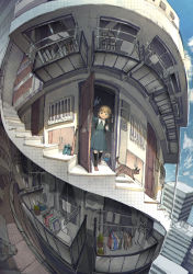 Rule 34 | 1girl, air conditioner, apartment, artist name, balcony, baseball bat, black socks, blonde hair, building, cat, city, commentary request, day, demizu posuka, fisheye, full body, green shirt, green skirt, highres, long sleeves, looking at viewer, medium hair, open door, original, outdoors, red footwear, shirt, shoes, skirt, smile, socks, solo, stairs, twintails