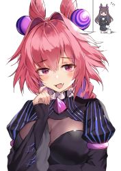 Rule 34 | 2girls, astolfo (fate), bad id, bad pixiv id, black dress, blush, braid, breasts, brown hair, chibi, chibi inset, cleavage, cleavage cutout, clothing cutout, cone hair bun, cosplay, double bun, dress, fang, fate/apocrypha, fate/grand order, fate (series), frilled shirt collar, frills, genderswap, genderswap (mtf), hair between eyes, hair bun, hair intakes, hair ornament, highres, large breasts, long braid, long hair, long sleeves, looking at viewer, multicolored hair, multiple girls, murasaki shikibu (fate), murasaki shikibu (fate) (cosplay), open mouth, puffy sleeves, purple eyes, simple background, single braid, smile, streaked hair, suou-sensei, two-tone hair, white background