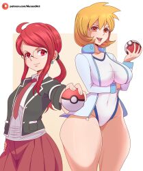 Rule 34 | 2girls, absurdres, bare legs, bikini, breasts, character request, check character, covered navel, cowboy shot, creatures (company), curvy, female focus, game freak, highres, holding, holding poke ball, jacket, large breasts, legs, long hair, lorelei (pokemon), medium breasts, misty (pokemon), multiple girls, musaed art, nintendo, orange hair, poke ball, pokemon, pokemon hgss, pokemon rgby, red hair, swimsuit, thick thighs, thighs, white jacket, wide hips