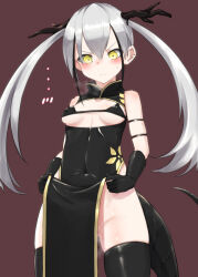 Rule 34 | 1girl, alternate costume, bikini, bikini top only, blush, breasts, china dress, chinese clothes, cleavage cutout, clothes lift, clothing cutout, covered navel, cowboy shot, destroyer (girls&#039; frontline), dragon horns, dragon tail, dress, girls&#039; frontline, gluteal fold, grey hair, heavy breathing, highres, horns, looking down, micro bikini, no panties, pelvic curtain, pelvic curtain lift, skindentation, small breasts, solo, steaming body, sweatdrop, swimsuit, tail, thighhighs, twintails, yellow eyes, zafuri (yzrnegy)