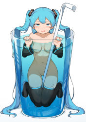 Rule 34 | 1girl, abmayo, absurdres, blue eyes, blue hair, boots, bottomless, breasts, cup, drinking glass, drinking straw, hatsune miku, highres, long hair, midriff, navel, nipples, nude, partially submerged, small breasts, solo, tagme, thigh boots, thighhighs, topless, very long hair, vocaloid, water