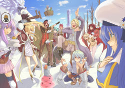 5girls, 6+boys, :3, animal ears, armor, armored boots, asymmetrical hair, bangs, bare tree, barefoot, belt, bikini, bird, black belt, black footwear, black legwear, black shirt, blacksmith (ragnarok online), blonde hair, blue dress, blue eyes, blue hair, blue pants, blue sky, blush, boobplate, boots, breastplate, breasts, brown belt, brown cape, brown capelet, brown dress, brown footwear, brown gloves, brown pants, brown shirt, brown shorts, bucket, cape, capelet, cat ears, chick, closed mouth, cloud, coat, commentary request, cross, day, detached sleeves, double bun, dress, eyebrows visible through hair, fingerless gloves, flying, full body, fur-trimmed cape, fur-trimmed capelet, fur-trimmed gloves, fur trim, garter straps, gauntlets, gloves, greatest general (ragnarok online), green eyes, guillotine cross (ragnarok online), gypsy (ragnarok online), hair between eyes, hair over one eye, harem pants, hat, hatii (ragnarok online), high priest (ragnarok online), high wizard (ragnarok online), horned headwear, hunter (ragnarok online), in the face, jewelry, juliet sleeves, kneehighs, long hair, long sleeves, looking at another, lord knight (ragnarok online), medium breasts, medium hair, miniskirt, monster, multiple boys, multiple girls, navel, necklace, nueco, open mouth, orc, orc (ragnarok online), outdoors, pants, pants under shorts, pauldrons, picky (ragnarok online), pink skirt, ponytail, poring, puffy sleeves, purple coat, purple eyes, purple hair, ragnarok online, red armor, red cape, red dress, red eyes, red hair, red shirt, red sleeves, sage (ragnarok online), santa hat, sash, see-through, sequins, shirt, shoes, short dress, short hair, short sleeves, shorts, shoulder armor, sidelocks, skirt, sky, sled, sleeveless, sleeveless shirt, sleeves rolled up, slime (creature), small breasts, smile, snow, snowball, snowball fight, spiked gauntlets, spiked hair, strapless, strapless bikini, strapless dress, striped cape, striped capelet, suspenders, swimsuit, tabard, taekwon (ragnarok online), thighhighs, totem, tree, two-tone dress, two-tone footwear, unbuttoned, unbuttoned shirt, upper body, upside-down, waist cape, white cape, white dress, white footwear, white hair, white legwear, white pants, white sash, white shirt, wizard (ragnarok online), yellow bikini