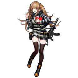 Rule 34 | 1girl, :3, :d, black footwear, black scarf, black shorts, black thighhighs, blush, boots, box, brown hair, full body, gift, girls&#039; frontline, gun, gun sling, h&amp;k ump, hair ornament, hairclip, hands up, heart-shaped box, heckler &amp; koch, holding, holding gift, infukun, long hair, looking at viewer, official alternate costume, official art, open mouth, red eyes, scarf, short shorts, shorts, sidelocks, smile, solo, standing, striped clothes, striped sweater, submachine gun, sweater, thighhighs, thighs, transparent background, twintails, ump9 (&quot;am i late?&quot;) (girls&#039; frontline), ump9 (girls&#039; frontline), valentine, very long hair, weapon