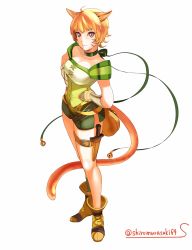 Rule 34 | 1girl, animal ears, bandaged arm, bandages, bell, belt, cat ears, cat tail, choker, closed mouth, facial mark, fire emblem, fire emblem: path of radiance, fire emblem: radiant dawn, full body, hands on own hips, highres, jingle bell, lethe (fire emblem), nintendo, o-ring, o-ring belt, orange hair, pouch, purple eyes, shiro murasaki, short hair, simple background, solo, standing, tail, thigh strap, twitter username, white background