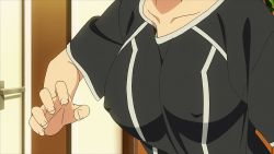 Rule 34 | 1girl, animated, animated gif, black shirt, blush, breast lift, breasts, brown hair, bubble background, covered erect nipples, gender request, genderswap, grabbing own breast, green eyes, highres, indoors, large breasts, large nipples, maken-ki!, maken-ki! two, moaning, nipples, ooyama takeko, ooyama takeru, shirt, short hair, sweat, takami akio, xebec, yellow background
