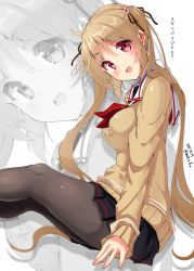Rule 34 | 10s, 1girl, :o, artist name, black ribbon, black skirt, blonde hair, blush, brown pantyhose, dated, flower, from side, hair flower, hair ornament, hair ribbon, kantai collection, long hair, long sleeves, looking at viewer, mokufuu, murasame (kancolle), neckerchief, open mouth, pantyhose, pleated skirt, red eyes, red neckerchief, ribbon, sailor collar, school uniform, serafuku, sitting, skirt, sleeves past wrists, solo, sweater, text focus, translation request, very long hair, white background