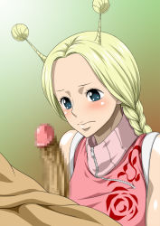 Rule 34 | 1boy, 1girl, antenna hair, blonde hair, blue eyes, blush, braid, censored, clothed female nude male, conis (one piece), erection, hetero, highres, nel-zel formula, nude, one piece, penis, twin braids