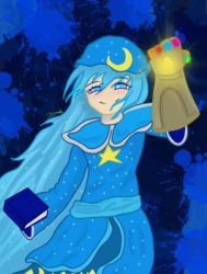 Rule 34 | blue eyes, blue hair, book, crossover, holding, holding book, ichika yuuto, infinity gauntlet, lame dimension, lowres, paint splatter, parody, super ledgehop: double laser