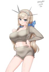 Rule 34 | 1girl, absurdres, alternate costume, blonde hair, blue ribbon, bra, breasts, contrapposto, cowboy shot, grey bra, grey eyes, grey jacket, grey shorts, hair ribbon, headgear, highres, jacket, kantai collection, large breasts, long hair, low twintails, maru (marg0613), maryland (kancolle), midriff, one-hour drawing challenge, ribbed jacket, ribbon, shorts, simple background, solo, sports bra, twintails, underwear, white background