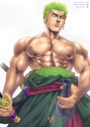 Rule 34 | 1boy, abs, alcohol, artist name, bara, belt, bottle, green eyes, green hair, highres, holding, holding sword, holding weapon, katana, large pectorals, logo, looking down, male focus, manly, mature male, muscular, muscular male, nipples, one eye closed, one piece, pectorals, roronoa zoro, sake, sake bottle, scar, scar on face, signature, simple background, skirt, solo, soynutts, spiked hair, sword, thick arms, twitter username, veins, weapon, white background