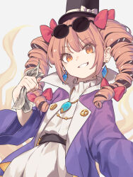 Rule 34 | 1girl, black hat, diamond earrings, dress, drill hair, earrings, eyewear on head, garasuno, hat, highres, holding, holding money, jewelry, looking at viewer, mini hat, mini top hat, money, necklace, open clothes, orange eyes, purple sleeves, smile, solo, top hat, touhou, twin drills, upper body, white dress, yorigami jo&#039;on