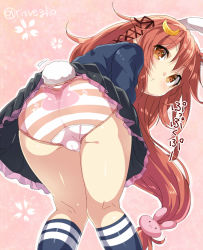 Rule 34 | 10s, 1girl, :3, alternate eye color, animal print, ass, blush, crescent, crescent hair ornament, hair ornament, hair ribbon, kantai collection, kneehighs, leaning forward, long hair, looking at viewer, looking back, low-tied long hair, orange eyes, panties, pink hair, pink panties, print panties, rabbit hair ornament, rabbit print, ribbon, school uniform, serafuku, socks, solo, striped clothes, striped panties, text focus, torimaru, translation request, twitter username, underwear, uzuki (kancolle), very long hair, | |