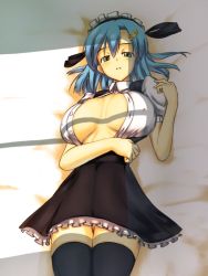 Rule 34 | 1girl, blue hair, breasts, green eyes, hair ornament, hairclip, huge breasts, lying, maid, open clothes, open shirt, pen (pen3), shirt, short hair, sideboob, solo, thighhighs, zettai ryouiki