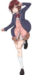 Rule 34 | 1girl, black footwear, bow, bowtie, brown eyes, brown hair, brown skirt, full body, hand up, highres, jacket, kneehighs, loafers, long sleeves, looking at viewer, official art, one eye closed, open clothes, open jacket, open mouth, otonari no tenshi-sama ni itsu no mani ka dame ningen ni sarete ita ken, red bow, red bowtie, school uniform, shirakawa chitose, shoes, short hair, skirt, smile, socks, solo, standing, standing on one leg, teeth, upper teeth only, v, white socks