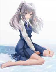 Rule 34 | 1girl, bandaid, bandaid on face, bandaid on forehead, bandaid on leg, barefoot, belt, blue dress, commentary request, dress, full body, grey hair, highres, idolmaster, idolmaster shiny colors, long hair, long sleeves, looking at viewer, neck ribbon, purple eyes, ribbon, school uniform, shallow water, shirt, simple background, sitting, solo, sthk, twintails, wariza, water, wet, white background, white shirt, yukoku kiriko