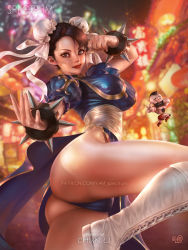 Rule 34 | 1girl, artist name, ass, blurry, blurry background, boots, bracelet, breasts, brown eyes, brown hair, bun cover, capcom, character name, chibi, china dress, chinese clothes, chun-li, closed mouth, commentary, copyright name, cross-laced footwear, double bun, dress, fighting stance, gold trim, hair bun, highres, jewelry, knee boots, lace-up boots, leg up, lips, looking at viewer, medium breasts, no legwear, panties, puffy short sleeves, puffy sleeves, short sleeves, signature, simple background, spiked bracelet, spikes, street fighter, street fighter ii (series), thighs, underwear, watermark, white footwear, yam spectrum, zangief