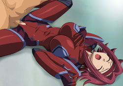 Rule 34 | 1girl, bodysuit, breasts, censored, clothed female nude male, clothed sex, code geass, danna, closed eyes, hairband, highres, kouzuki kallen, large breasts, lying, nude, on back, open mouth, penis, red hair, screaming, sex, solo focus, spread legs, vaginal