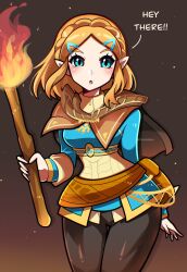 Rule 34 | 1girl, belt, black pants, blonde hair, blue eyes, breasts, cape, english text, fire, hair ornament, hairclip, highres, holding, holding torch, looking at viewer, medium breasts, medium hair, nintendo, open mouth, pants, pointy ears, princess zelda, simple background, the legend of zelda, the legend of zelda: breath of the wild, the legend of zelda: tears of the kingdom, thighs, torch, touyarokii