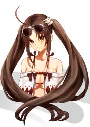Rule 34 | 1girl, animal hair ornament, bare shoulders, breasts, brown eyes, brown hair, cleavage, closed mouth, collarbone, eyewear on head, fate/grand order, fate (series), floating hair, highres, long hair, looking at viewer, medium breasts, simple background, smile, solo, spica (starlitworks), sunglasses, upper body, very long hair, white background, yu mei-ren (fate), yu mei-ren (swimsuit lancer) (fate)