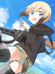 Rule 34 | 1girl, artist name, ass, black hair, black jacket, blonde hair, blue eyes, blue sky, cloud, cloudy sky, commentary request, contrail, dog tail, dress shirt, drum magazine, erica hartmann, flying, gradient hair, green panties, green shirt, gun, holding, holding gun, holding weapon, horizon, jacket, long sleeves, looking at viewer, looking back, lowleg, lowleg panties, machine gun, magazine (weapon), mg42, multicolored hair, no pants, open mouth, outdoors, panties, shirt, short hair, signature, sky, smile, solo, strike witches, striker unit, tail, tsuchii (ramakifrau), underwear, weapon, world witches series