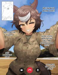 Rule 34 | 1girl, animal ears, brown eyes, brown hair, camouflage, camouflage jacket, camouflage pants, character name, commission, dark-skinned female, dark skin, day, english text, highres, horse girl, indie virtual youtuber, jacket, long sleeves, looking at viewer, mayoa, military uniform, one eye closed, outdoors, pants, pov, short hair, smile, solo, tail, tomoe umari, uniform, united states army