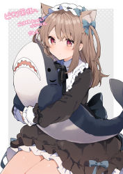 Rule 34 | 1girl, animal ears, black ribbon, blue bow, blush, borrowed character, bow, brown dress, cat ears, closed mouth, commission, dress, extra ears, hair bow, hairband, highres, holding, holding stuffed toy, ikeuchi tanuma, long sleeves, looking at viewer, maid headdress, neck ribbon, original, pink eyes, ribbon, sitting, skeb commission, solo, stuffed animal, stuffed shark, stuffed toy, two side up