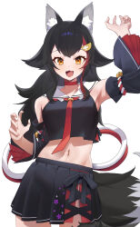 Rule 34 | 1girl, :3, :d, absurdres, animal ear fluff, animal ears, armpits, bell, black hair, black serafuku, black shirt, black skirt, black sleeves, choker, claw pose, colored tips, commentary, contrapposto, cowboy shot, cropped shirt, cross-laced slit, crossed bangs, d4kou16, detached sleeves, double-parted bangs, flipped hair, floral print, hair ornament, hairclip, hand up, highres, hololive, jingle bell, knees out of frame, kouhaku nawa, long hair, looking at viewer, low-tied long hair, midriff, miniskirt, multicolored hair, navel, necktie, ookami mio, ookami mio (1st costume), open mouth, pleated skirt, red choker, red hair, red necktie, rope, sailor collar, school uniform, serafuku, shimenawa, shirt, side slit, sidelocks, simple background, skirt, sleeveless, sleeveless shirt, smile, solo, spiked hair, standing, straight-on, streaked hair, symbol-only commentary, tail, tail around own leg, tail wrap, very long hair, virtual youtuber, white background, white hair, white sailor collar, wolf ears, wolf girl, wolf tail, yellow eyes