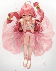 Rule 34 | 1girl, absurdres, ahoge, alternate costume, ballet slippers, bare shoulders, blush, breasts, cleavage, closed mouth, detached sleeves, dress, from above, full body, green eyes, hair ornament, hairclip, highres, hololive, long hair, looking at viewer, medium breasts, pink dress, pink hair, sakura miko, see-through, see-through dress, simple background, sitting, smile, solo, virtual youtuber, white background, ye jji
