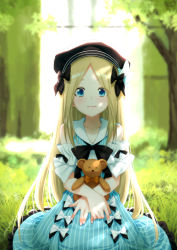 Rule 34 | 1girl, abigail williams (animejapan 2018) (fate), abigail williams (fate), beret, black bow, black hat, blonde hair, blue eyes, blurry, blurry background, blush, bow, closed mouth, dress, dress bow, fate/grand order, fate (series), frilled dress, frills, grass, hair bow, hat, highres, holding, holding stuffed toy, kazuma muramasa, long hair, looking at viewer, multiple hair bows, nature, official alternate costume, outdoors, parted bangs, sitting, sleeveless, sleeveless dress, smile, solo, striped clothes, striped dress, stuffed animal, stuffed toy, sunlight, teddy bear, tree, vertical-striped clothes, vertical-striped dress, very long hair, white bow