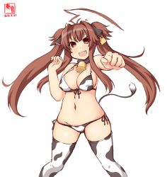 Rule 34 | 1girl, ahoge, alternate costume, animal ears, animal print, artist logo, bell, bikini, breasts, brown eyes, brown hair, clenched hand, commentary request, cow ears, cow horns, cow print, cow tail, cowbell, cowboy shot, dated, ear tag, fang, foreshortening, front-tie top, groin, highres, horns, huge ahoge, kanon (kurogane knights), kantai collection, kuma (kancolle), long hair, lowleg, lowleg bikini, medium breasts, one-hour drawing challenge, punching, side-tie bikini bottom, simple background, solo, swimsuit, tail, thighhighs, two side up, white background, white bikini, white thighhighs